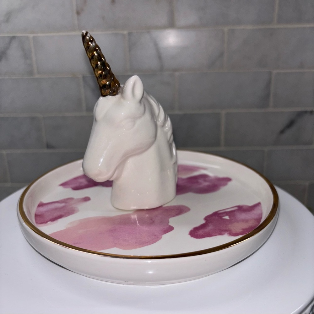 Unicorn Ring Bowl Trinket Tray – White with Gold Horn and Pink Accents